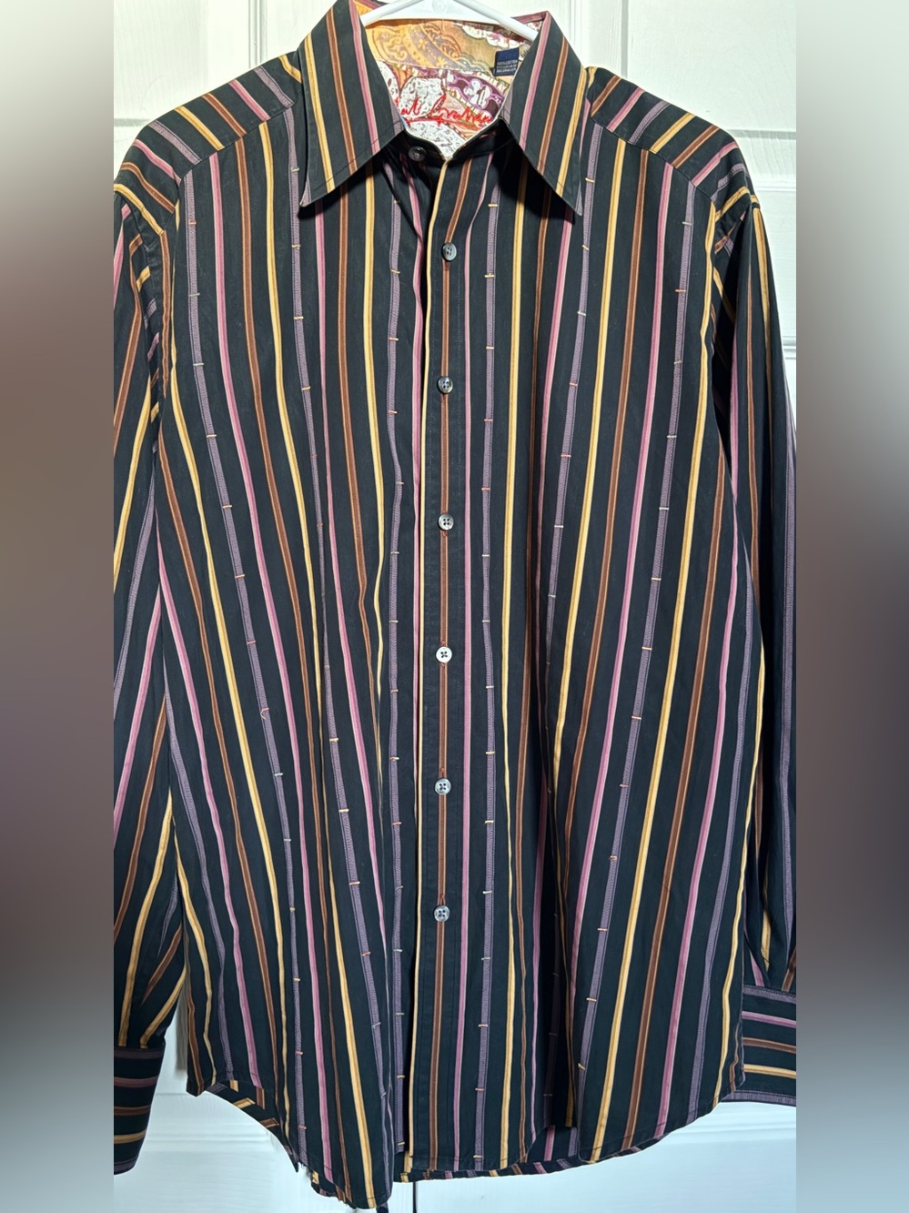 Robert Graham Men’s L Dark Charcoal Multi Stripe Button Down Shirt Flip Cuff